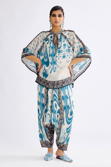 Shop_Rajdeep Ranawat_Blue Satin Ramona Abstract Print Turkish Pant_Online_at_Aza_Fashions