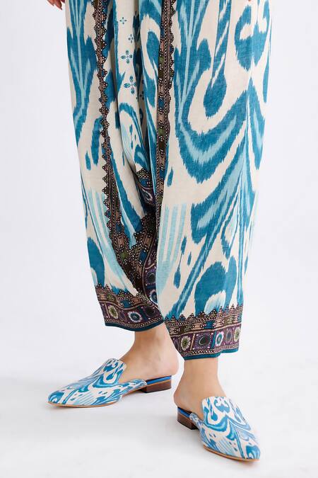 Rajdeep Ranawat_Blue Satin Ramona Abstract Print Turkish Pant_at_Aza_Fashions