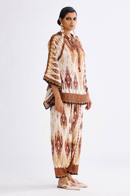 Rajdeep Ranawat_Brown Satin Ramona Mandala Abstract Print Turkish Pant_Online_at_Aza_Fashions