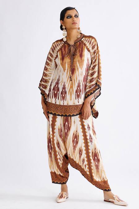 Buy_Rajdeep Ranawat_Brown Satin Ramona Mandala Abstract Print Turkish Pant_Online_at_Aza_Fashions