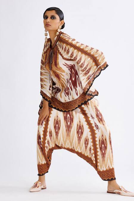 Shop_Rajdeep Ranawat_Brown Satin Ramona Mandala Abstract Print Turkish Pant_Online_at_Aza_Fashions