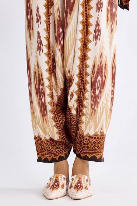 Rajdeep Ranawat_Brown Satin Ramona Mandala Abstract Print Turkish Pant_at_Aza_Fashions