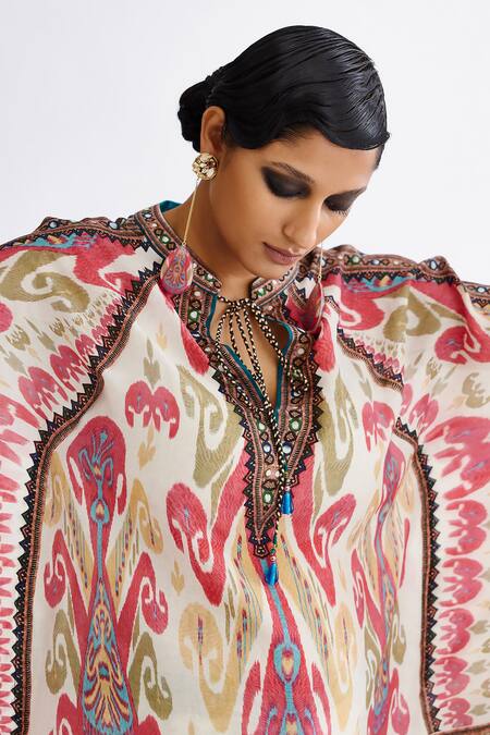 Shop Rajdeep Ranawat Pink Silk Collared Ramona Abstract Print Poncho Tunic Online at Aza Fashions Shop_Rajdeep Ranawat_Pink Silk Collared Ramona Abstract Print Poncho Tunic_Online_at_Aza_Fashions