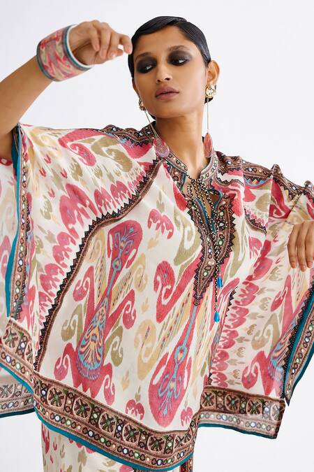 Rajdeep Ranawat Pink Silk Collared Ramona Abstract Print Poncho Tunic at Aza Fashions Rajdeep Ranawat_Pink Silk Collared Ramona Abstract Print Poncho Tunic_at_Aza_Fashions