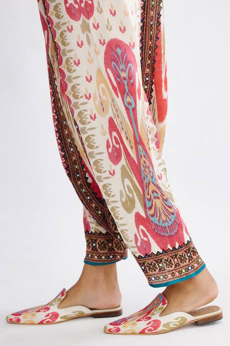 Rajdeep Ranawat_Pink Satin Ramona Abstract Print Turkish Pant_at_Aza_Fashions