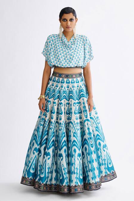 Rajdeep Ranawat Blue Silk, Satin Beads Cowl Neck Varsha Leela Abstract Print Lehenga With Blouse Online at Aza Fashions Rajdeep Ranawat_Blue Silk, Satin Beads Cowl Neck Varsha Leela Abstract Print Lehenga With Blouse_Online_at_Aza_Fashions