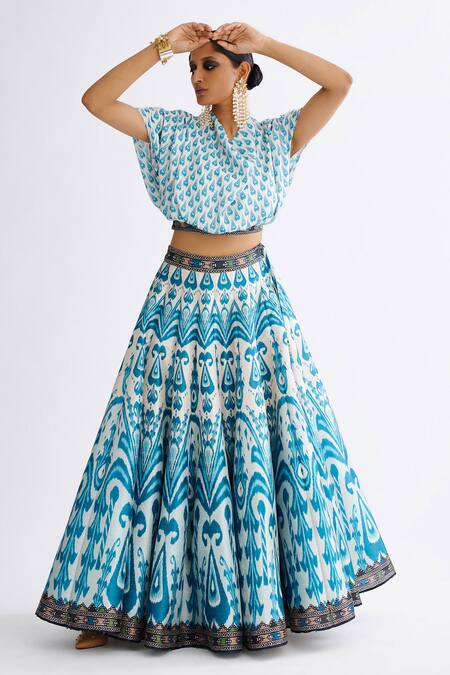 Buy Rajdeep Ranawat Blue Silk, Satin Beads Cowl Neck Varsha Leela Abstract Print Lehenga With Blouse Online at Aza Fashions Buy_Rajdeep Ranawat_Blue Silk, Satin Beads Cowl Neck Varsha Leela Abstract Print Lehenga With Blouse_Online_at_Aza_Fashions