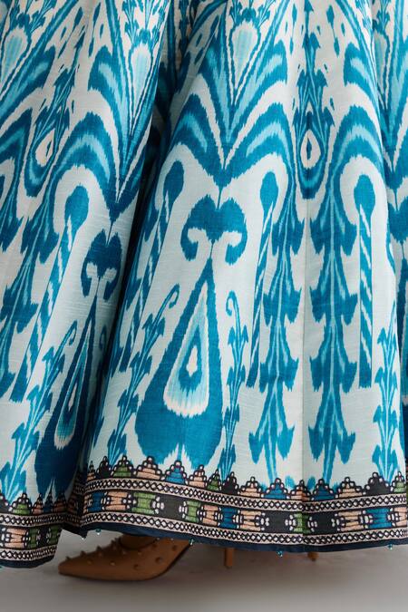 Shop Rajdeep Ranawat Blue Silk, Satin Beads Cowl Neck Varsha Leela Abstract Print Lehenga With Blouse Online at Aza Fashions Shop_Rajdeep Ranawat_Blue Silk, Satin Beads Cowl Neck Varsha Leela Abstract Print Lehenga With Blouse_Online_at_Aza_Fashions