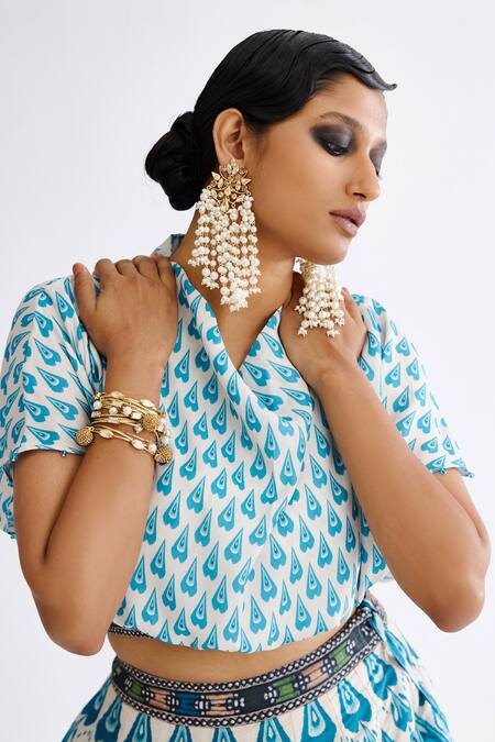 Rajdeep Ranawat Blue Silk, Satin Beads Cowl Neck Varsha Leela Abstract Print Lehenga With Blouse at Aza Fashions Rajdeep Ranawat_Blue Silk, Satin Beads Cowl Neck Varsha Leela Abstract Print Lehenga With Blouse_at_Aza_Fashions