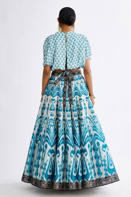 Shop Rajdeep Ranawat Blue Silk, Satin Beads Cowl Neck Varsha Leela Abstract Print Lehenga With Blouse at Aza Fashions Shop_Rajdeep Ranawat_Blue Silk, Satin Beads Cowl Neck Varsha Leela Abstract Print Lehenga With Blouse_at_Aza_Fashions