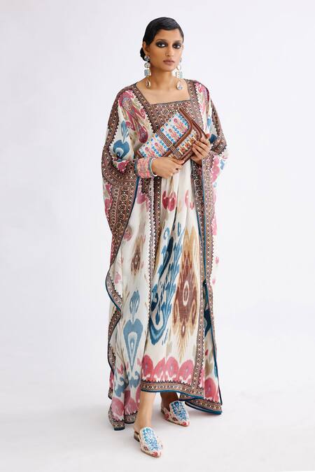 Rajdeep Ranawat Multi Color Silk Square Neck Yolanda Abstract Print Kaftan at Aza Fashions Rajdeep Ranawat_Multi Color Silk Square Neck Yolanda Abstract Print Kaftan_at_Aza_Fashions