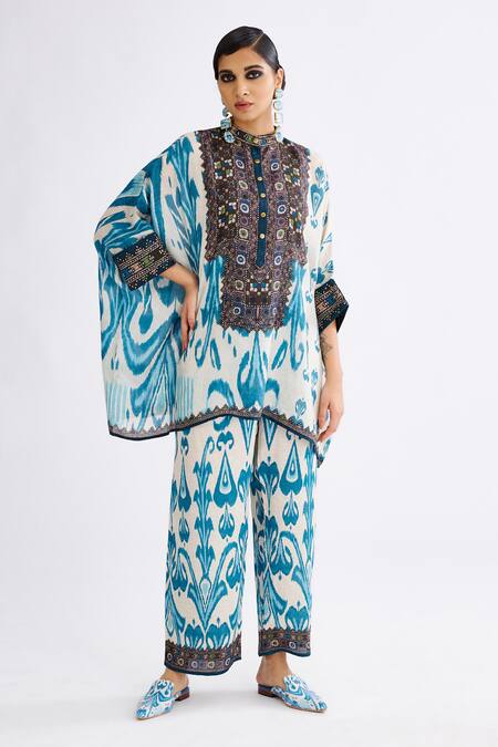 Rajdeep Ranawat Blue Satin Permaz Printed Straight Pant at Aza Fashions Rajdeep Ranawat_Blue Satin Permaz Printed Straight Pant_at_Aza_Fashions
