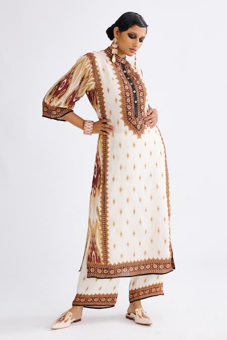 Rajdeep Ranawat Brown Silk Printed Geometric Band Collar Ghazala Tunic  