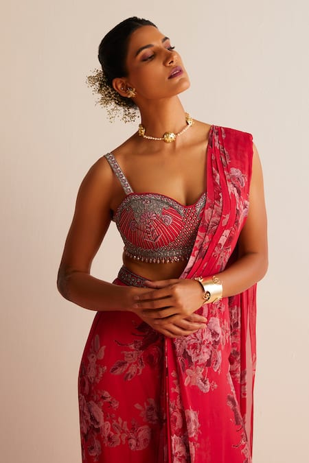 Kalista_Red Viscose, Silk Sequins, Beads Rumi Printed Pre-draped Saree With Blouse _Online_at_Aza_Fashions