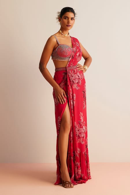 Buy_Kalista_Red Viscose, Silk Sequins, Beads Rumi Printed Pre-draped Saree With Blouse _Online_at_Aza_Fashions