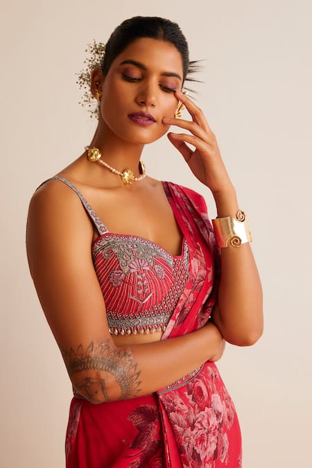 Shop_Kalista_Red Viscose, Silk Sequins, Beads Rumi Printed Pre-draped Saree With Blouse _Online_at_Aza_Fashions