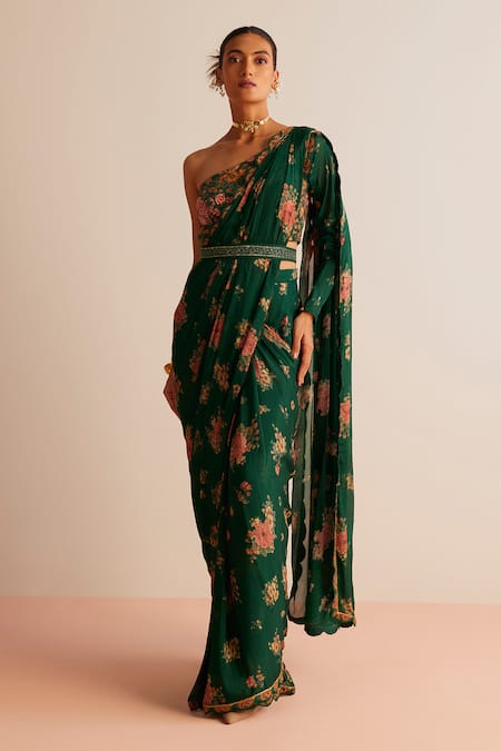 Kalista Green Blouse Viscose Silk Printed Floral Adira Pre-draped Saree With