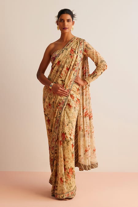 Kalista Lavanya Flower Print Pre-Draped Saree With Blouse 