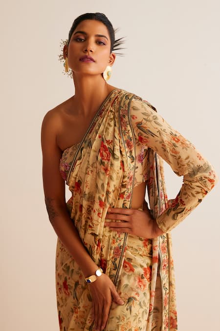 Kalista_Beige Viscose, Silk Beads, Lavanya Flower Print Pre-draped Saree With Blouse _Online_at_Aza_Fashions