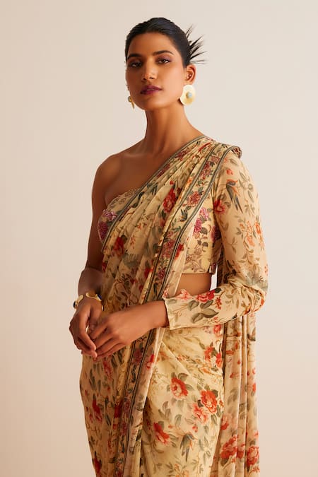 Buy_Kalista_Beige Viscose, Silk Beads, Lavanya Flower Print Pre-draped Saree With Blouse _Online_at_Aza_Fashions