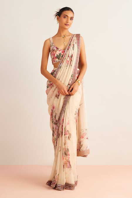Kalista Off White Blouse Viscose Silk Printed Nayra Placement Pre-draped Saree With