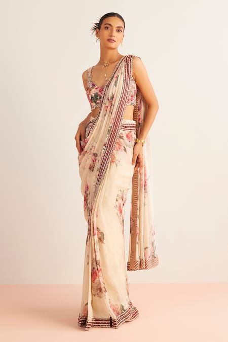 Kalista_Off White Viscose, Silk Nayra Placement Printed Pre-draped Saree With Blouse _Online_at_Aza_Fashions