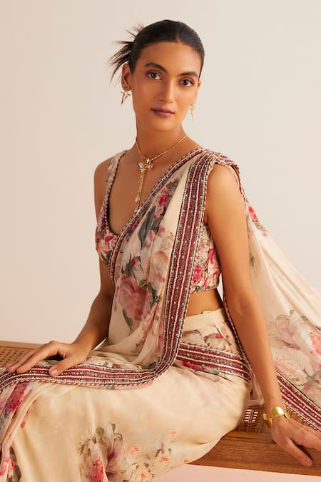 Buy_Kalista_Off White Viscose, Silk Nayra Placement Printed Pre-draped Saree With Blouse _Online_at_Aza_Fashions