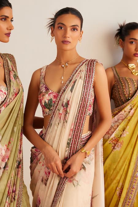 Shop_Kalista_Off White Viscose, Silk Nayra Placement Printed Pre-draped Saree With Blouse _Online_at_Aza_Fashions