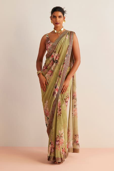 Kalista Naysa Vintage Floral Print Pre-Draped Saree With Blouse 