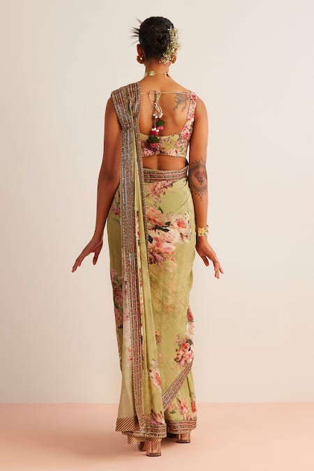 Kalista Vintage Floral Printed Pre-Draped Saree & Blouse 