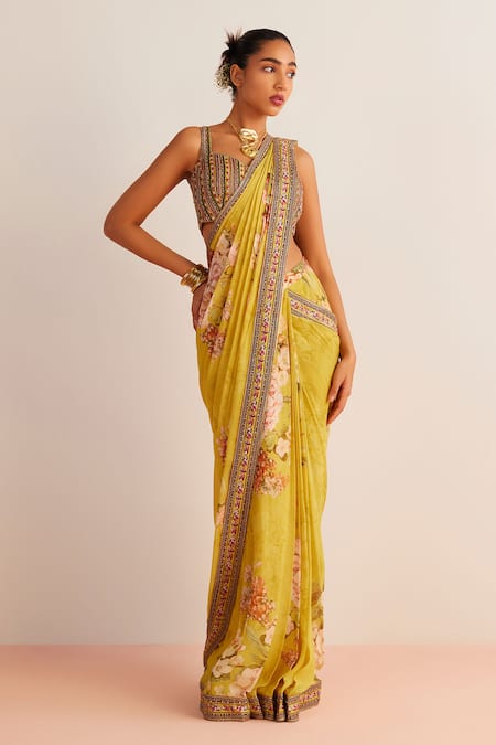 Kalista Yellow Blouse Viscose Silk Printed Vintage Floral Anaisa Pre-draped Saree With