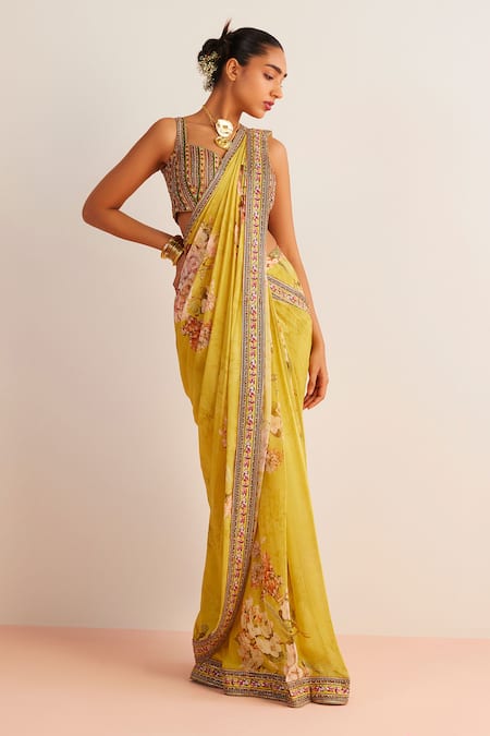 Kalista_Yellow Viscose Sequins, Beads Anaisa Printed Pre-draped Saree With Blouse _Online_at_Aza_Fashions