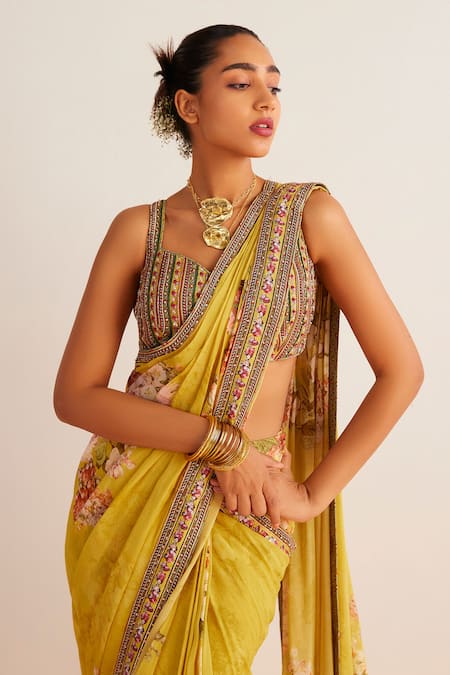 Buy_Kalista_Yellow Viscose Sequins, Beads Anaisa Printed Pre-draped Saree With Blouse _Online_at_Aza_Fashions