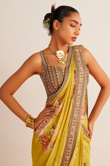 Shop_Kalista_Yellow Viscose Sequins, Beads Anaisa Printed Pre-draped Saree With Blouse _Online_at_Aza_Fashions