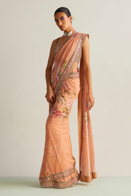 Kalista Peach Viscose Sequins, Beads Anaisa Flower Print Pre-draped Saree With Blouse Online at Aza Fashions Kalista_Peach Viscose Sequins, Beads Anaisa Flower Print Pre-draped Saree With Blouse _Online_at_Aza_Fashions