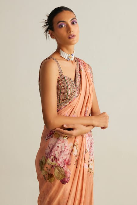 Buy Kalista Peach Viscose Sequins, Beads Anaisa Flower Print Pre-draped Saree With Blouse Online at Aza Fashions Buy_Kalista_Peach Viscose Sequins, Beads Anaisa Flower Print Pre-draped Saree With Blouse _Online_at_Aza_Fashions