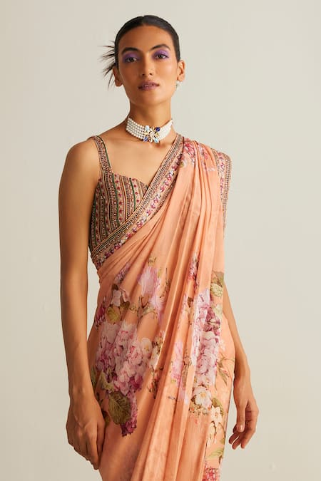 Shop Kalista Peach Viscose Sequins, Beads Anaisa Flower Print Pre-draped Saree With Blouse Online at Aza Fashions Shop_Kalista_Peach Viscose Sequins, Beads Anaisa Flower Print Pre-draped Saree With Blouse _Online_at_Aza_Fashions