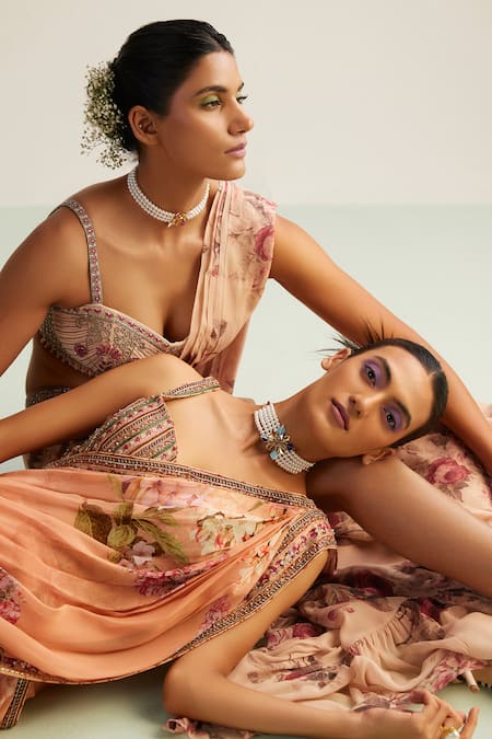 Kalista Peach Viscose Sequins, Beads Anaisa Flower Print Pre-draped Saree With Blouse at Aza Fashions Kalista_Peach Viscose Sequins, Beads Anaisa Flower Print Pre-draped Saree With Blouse _at_Aza_Fashions