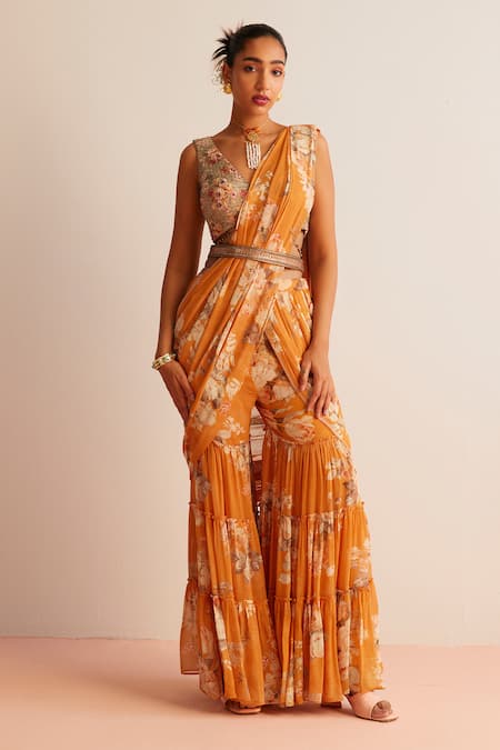 Kalista Orange Blouse Viscose Silk Printed Floral Plunge V Kayra Gharara Saree With