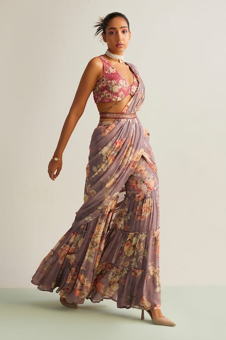 Kalista_Purple Viscose, Georgette, Silk Sequins, Kayra Printed Gharara Saree With Blouse _Online_at_Aza_Fashions