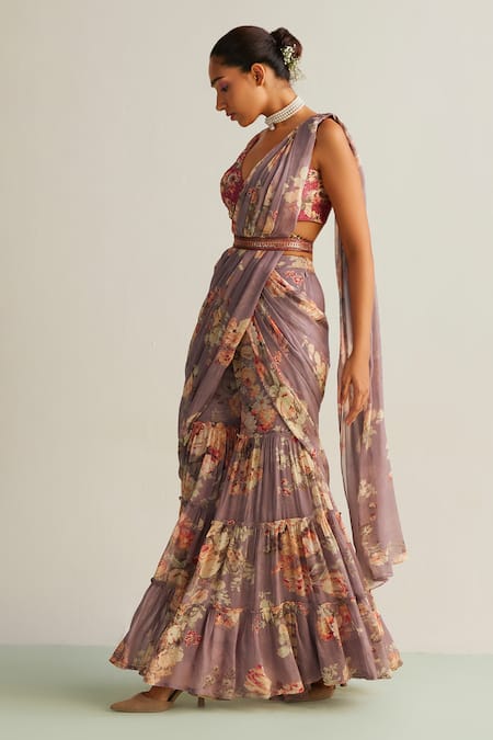 Buy_Kalista_Purple Viscose, Georgette, Silk Sequins, Kayra Printed Gharara Saree With Blouse _Online_at_Aza_Fashions