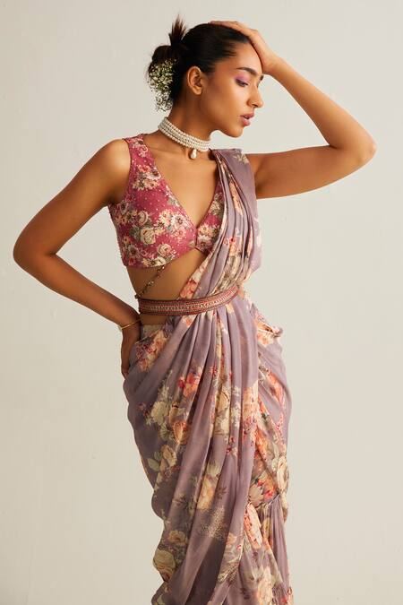 Shop_Kalista_Purple Viscose, Georgette, Silk Sequins, Kayra Printed Gharara Saree With Blouse _Online_at_Aza_Fashions