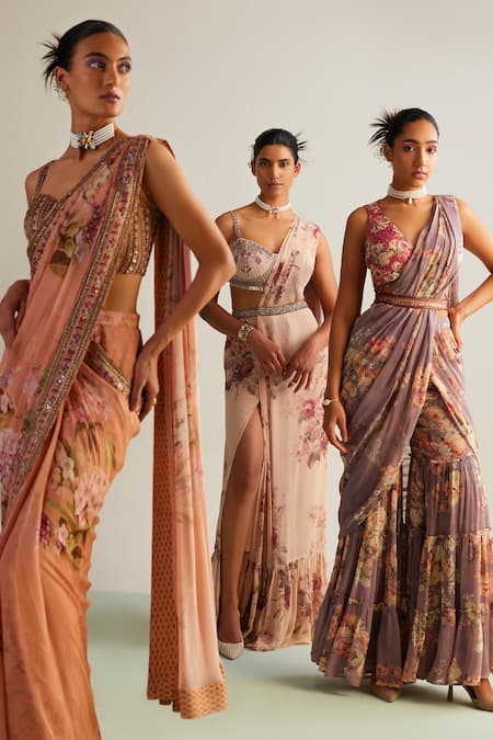 Kalista_Purple Viscose, Georgette, Silk Sequins, Kayra Printed Gharara Saree With Blouse _at_Aza_Fashions