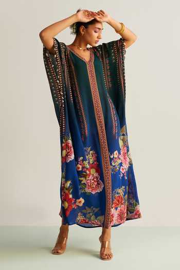 Kalista_Blue Crepe V-neck Nayra Ombre Floral Print Kaftan _Online_at_Aza_Fashions