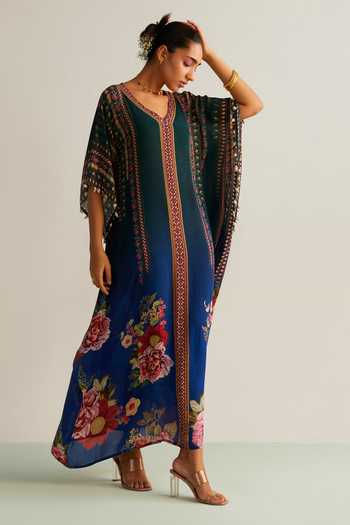 Buy_Kalista_Blue Crepe V-neck Nayra Ombre Floral Print Kaftan _Online_at_Aza_Fashions