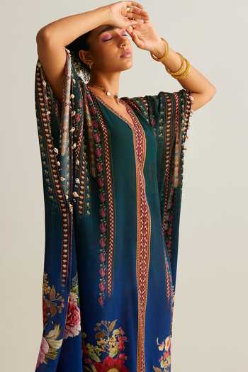 Shop_Kalista_Blue Crepe V-neck Nayra Ombre Floral Print Kaftan _Online_at_Aza_Fashions