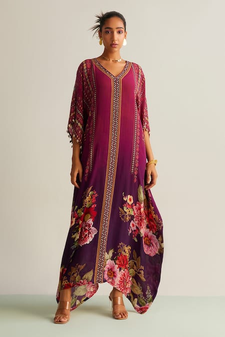 Kalista_Wine Crepe V-neck Nayra Flower Print Kaftan _Online_at_Aza_Fashions