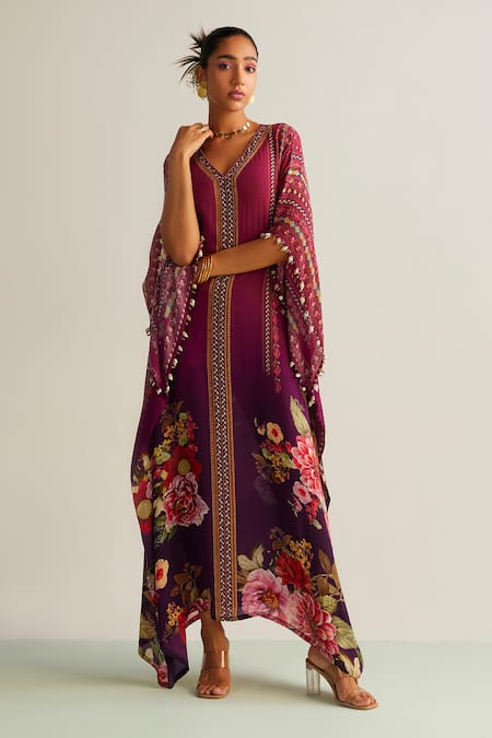 Buy_Kalista_Wine Crepe V-neck Nayra Flower Print Kaftan _Online_at_Aza_Fashions