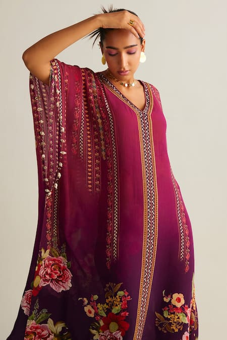 Shop_Kalista_Wine Crepe V-neck Nayra Flower Print Kaftan _Online_at_Aza_Fashions