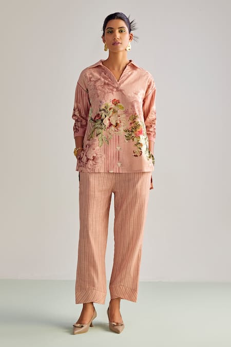 Kalista Pink Viscose Slub Hand Painted Floral Spread Emilia Shirt Tunic And Pant Set 